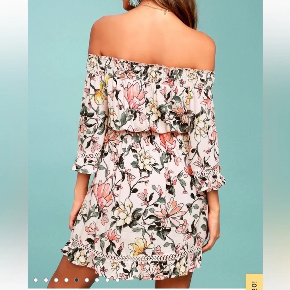 Lulu’s Hello Darling Floral Off-Shoulder Mini Dress Pale Pink, Size XL, NWT - Picture 2 of 12